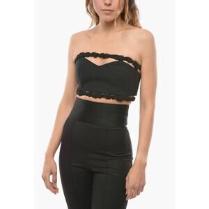 GANNI Strapless Crop Top Womens Size 0 Black Crinkle band Cut Out Bustier NEW